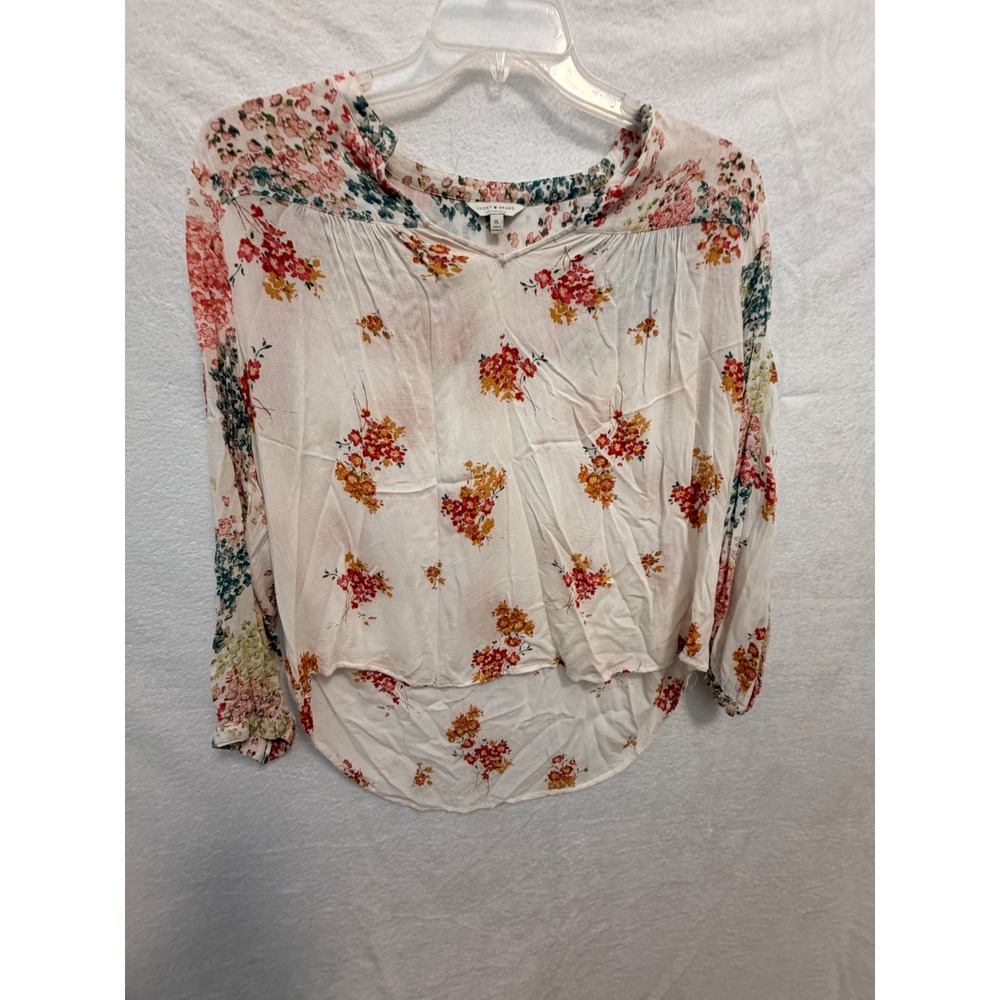 Lucky Brand Women XL Floral V-Neck Peasant Blouse White Multi-Color 7W44421